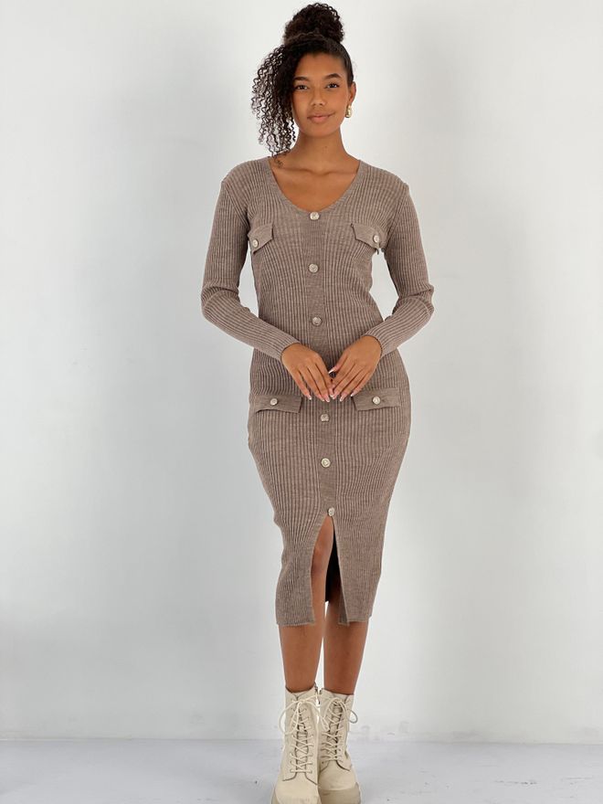 MISS POEM Braunes Bodycon Midi Kleid Mit V Ausschnitt Und Langarm Großhandelskleidung Modest
