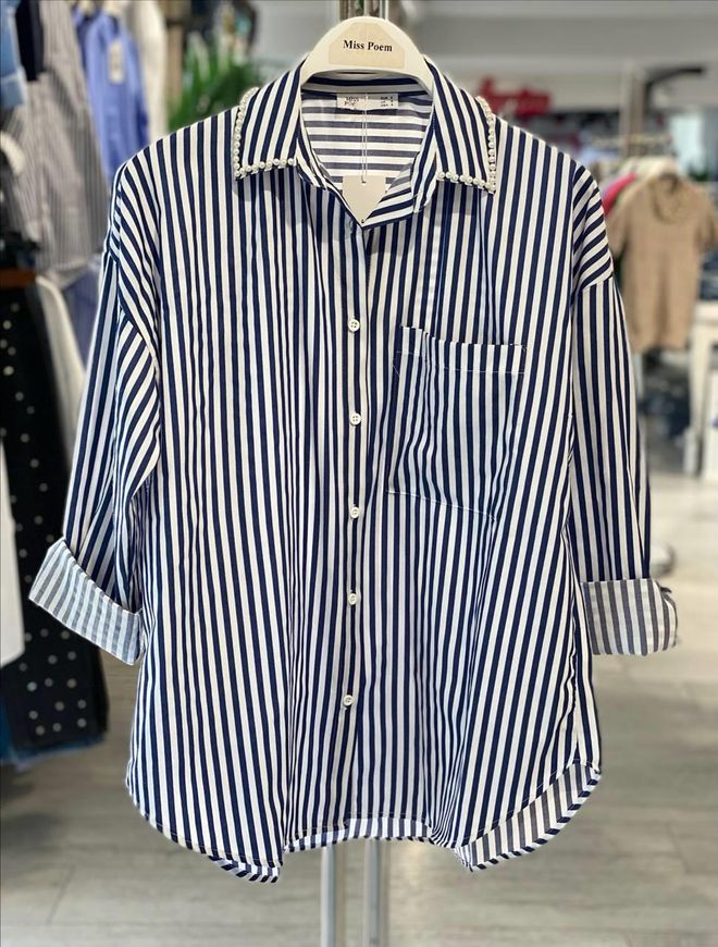 MISS POEM Blue Striped Casual Shirt With Buttoned Closure Wholesale Clothing Casual