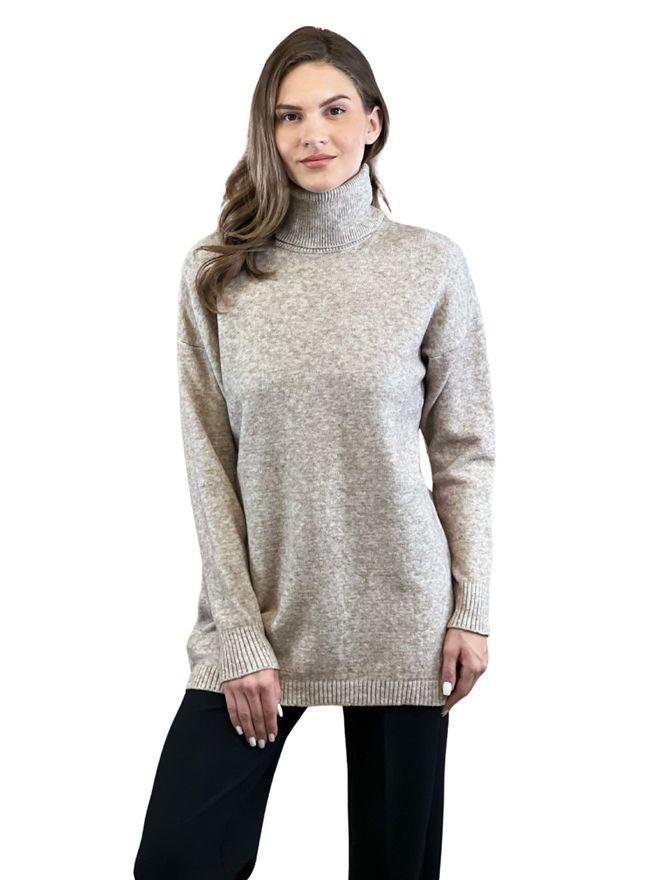 MISS POEM Beige Sweater With Oversized Fit And Turtle Neck Wholesale Clothing Modest