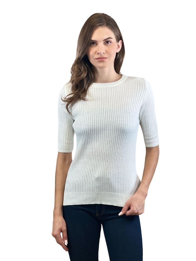 MISS POEM White Striped Slim Fit Sweater With 3/4 Sleeve Wholesale Clothing Casual