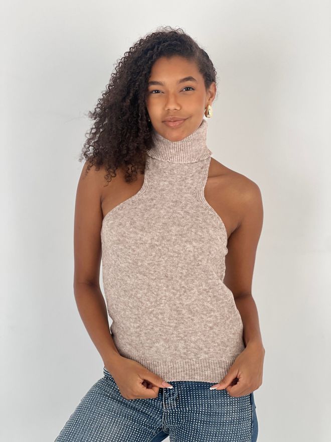 MISS POEM Beige Sweater With Turtle Neck And Cap Sleeves Wholesale Clothing Casual
