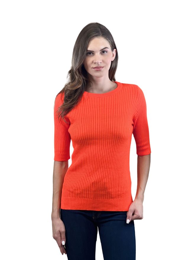 MISS POEM Orange Striped Slim Fit Sweater With Half Sleeves Wholesale Clothing Casual