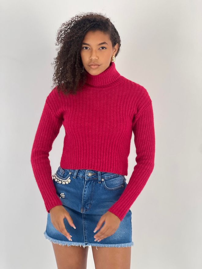 MISS POEM Fuchsia Trui Met Col En Lange Mouwen Groothandel Kleding Casual