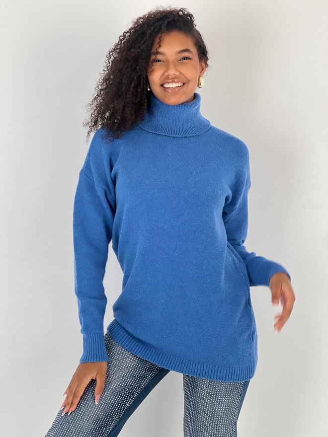 MISS POEM Blue Oversized Fit Turtle Neck Sweater Long Sleeve Wholesale Clothing Modest