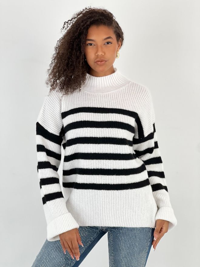 MISS POEM White Striped Oversized Fit Sweater With High Neck Wholesale Clothing Casual