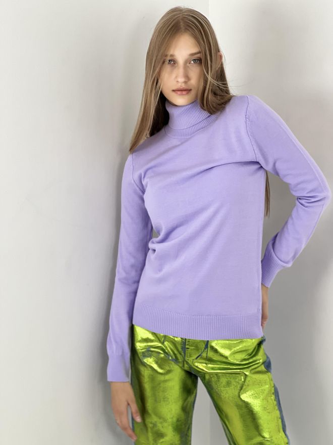 MISS POEM Eleganter Lila Pullover Mit Rollkragen Großhandelskleidung Lässig