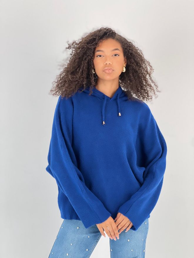 MISS POEM Navy Blue Sweater With Hooded Neck And Oversized Fit Wholesale Clothing Casual