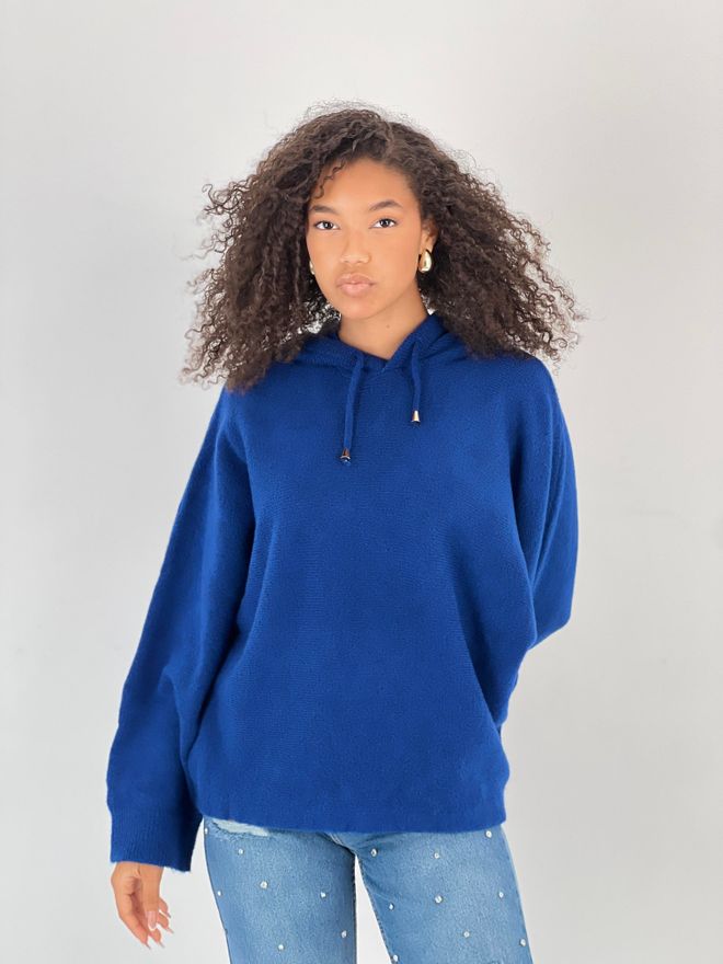 MISS POEM Navy Blue Sweater With Hooded Neck And Oversized Fit Wholesale Clothing 1