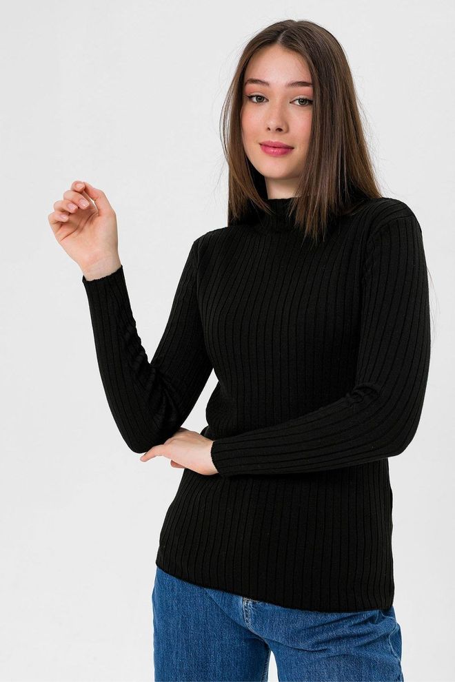 MISS POEM Black Striped Slim Fit Sweater With High Neck Wholesale Clothing Modest