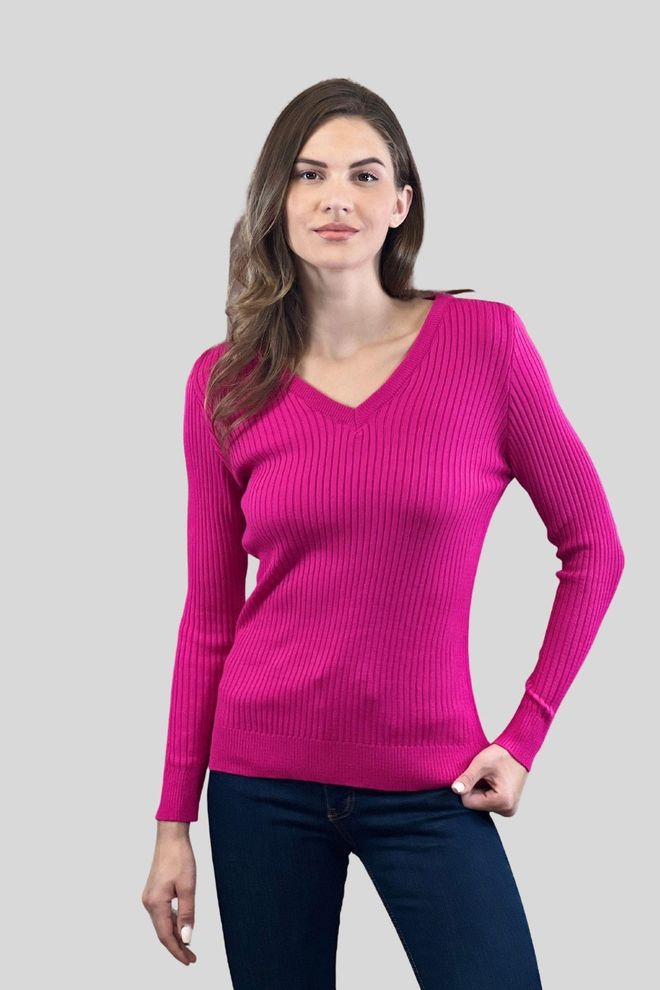 MISS POEM Fuchsia Slim Fit Striped V Neck Sweater Wholesale Clothing Casual