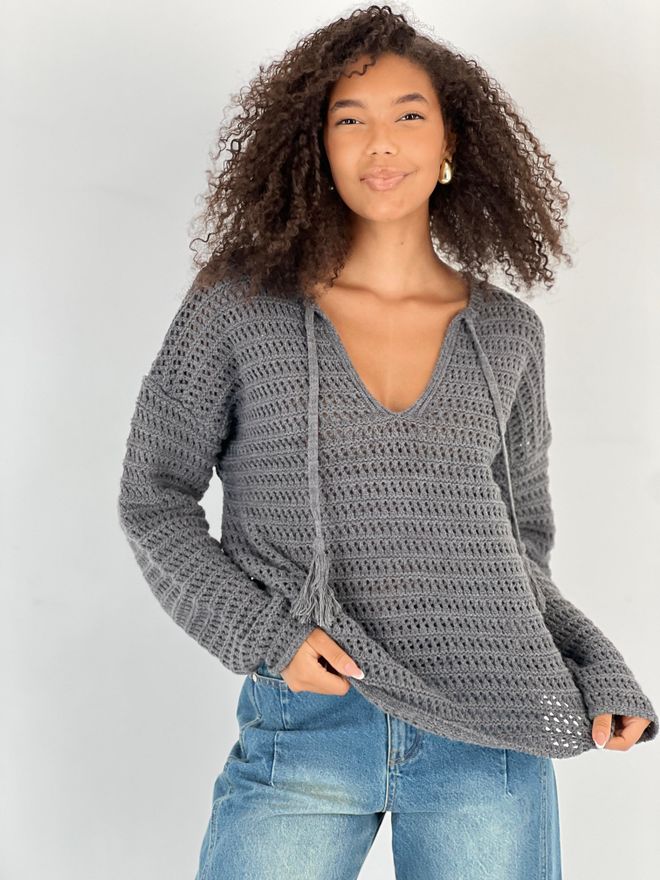 MISS POEM Maglione Grigio Casual Boho Con Scollo A V Abbigliamento all'ingrosso Casuale