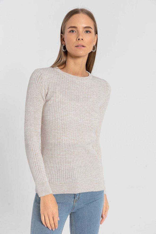 MISS POEM Beige Striped Slim Fit Sweater Wholesale Clothing Casual