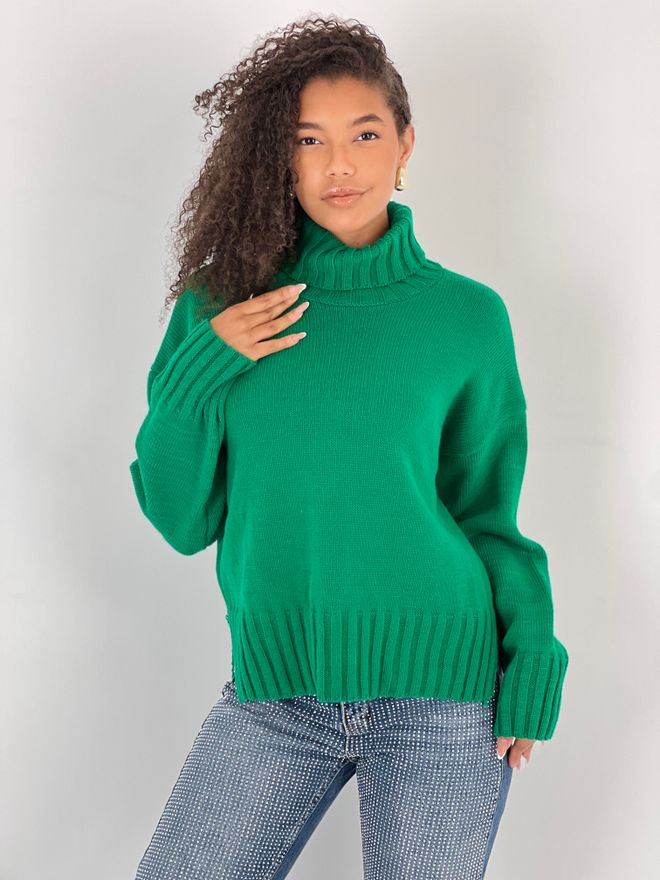 MISS POEM Yeşil Oversized Boğazlı Kazak Toptan Giyim Gündelik