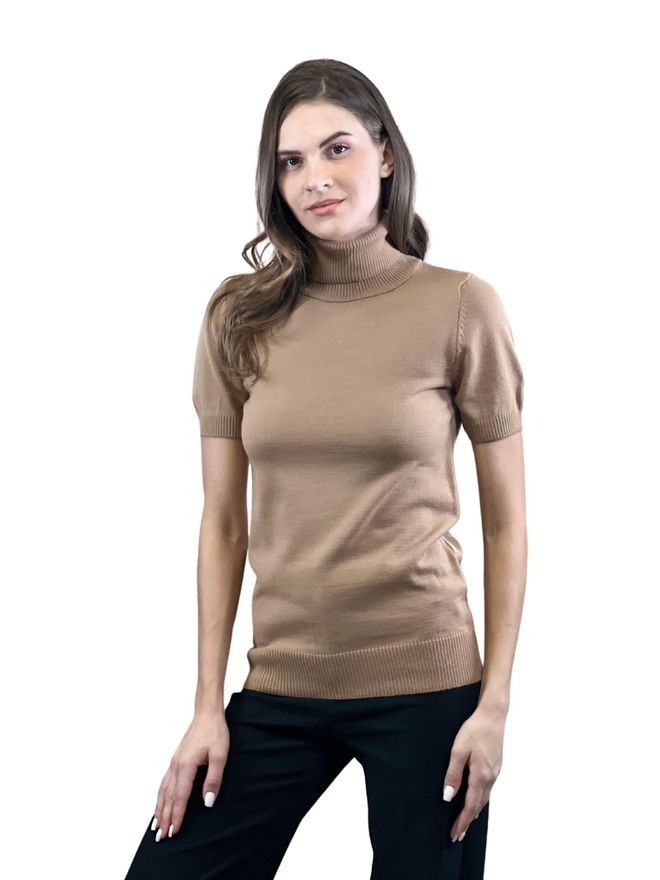 MISS POEM Beige Sweater With Turtle Neck And Half Sleeves Wholesale Clothing Modest