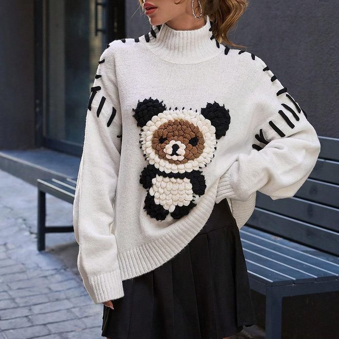MISS POEM White Oversized Fit Turtle Neck Sweater Wholesale Clothing Casual
