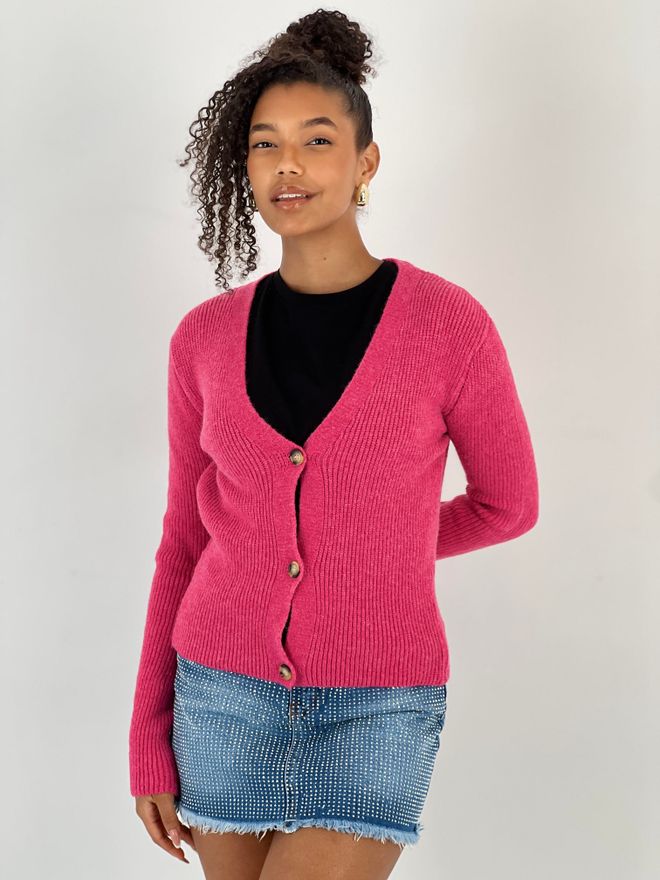 MISS POEM Fuchsia Cardigan With V Neck And Buttoned Closure Wholesale Clothing Casual