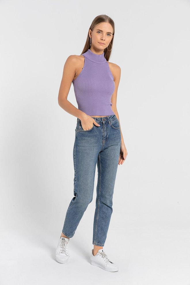 MISS POEM Purple Sleeveless Slim Fit High Neck Crop Sweater With Cap Sleeve Wholesale Clothing Casual