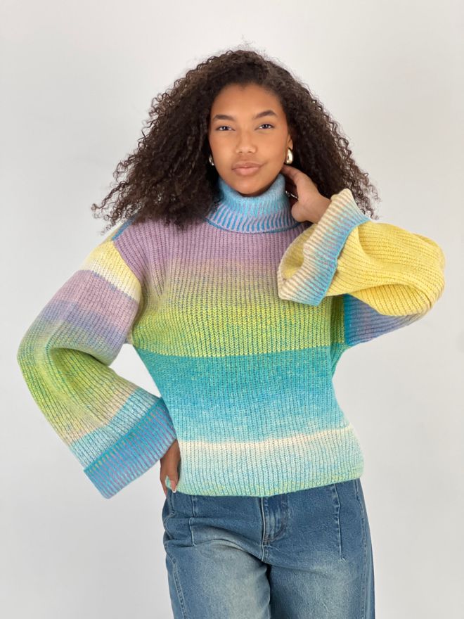 MISS POEM Blue Casual Boho Sweater With Ombre Pattern Wholesale Clothing Casual
