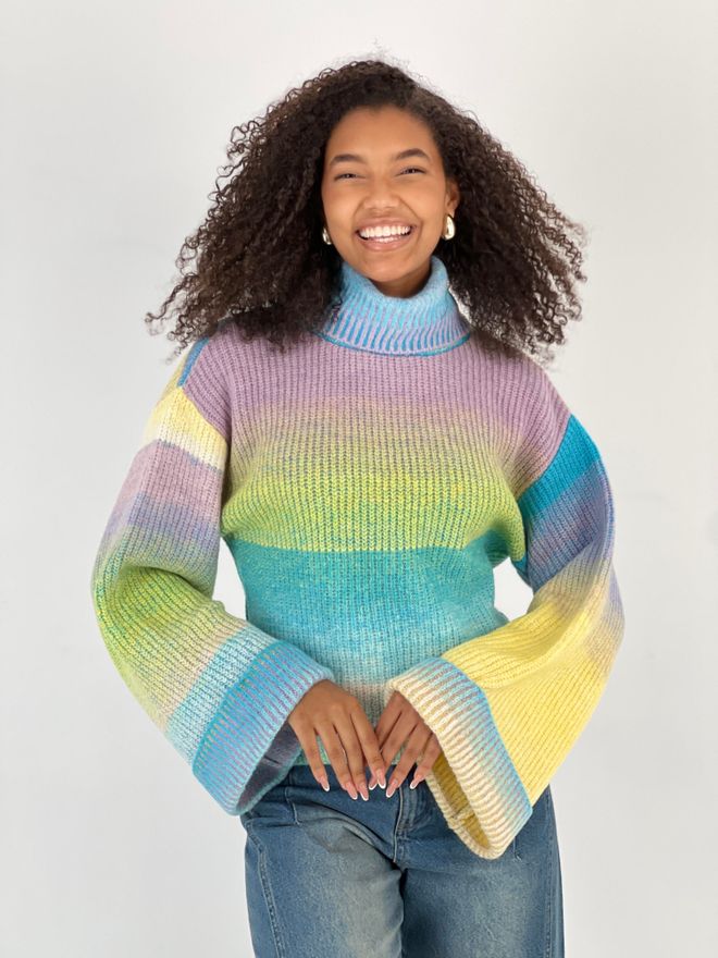 MISS POEM Blue Casual Boho Sweater With Ombre Pattern Wholesale Clothing 1