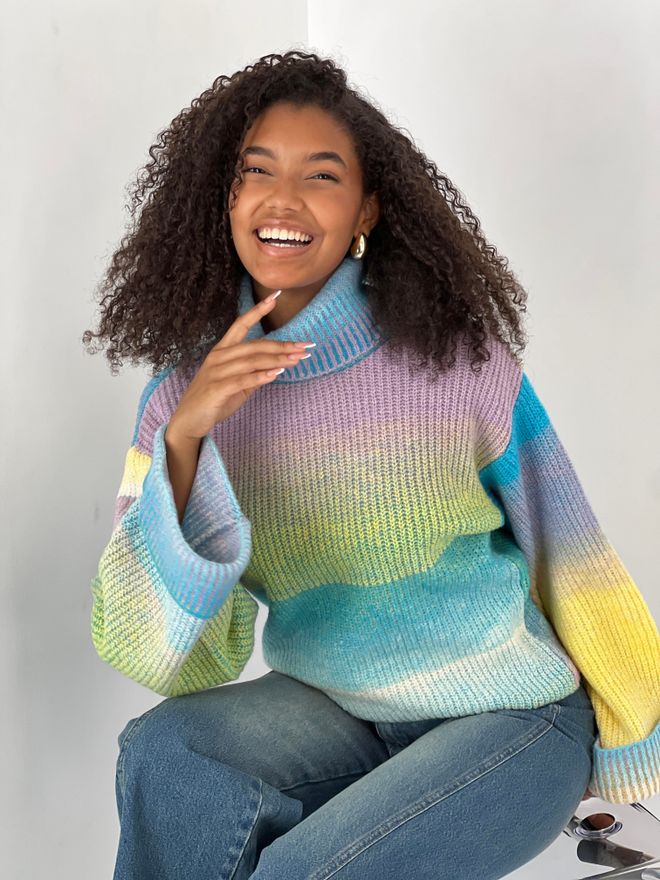 MISS POEM Blue Casual Boho Sweater With Ombre Pattern Wholesale Clothing Lounge