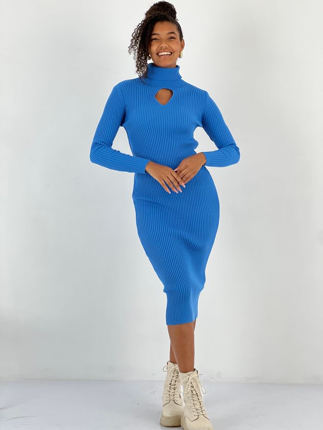 MISS POEM Blue Sweater Dress With High Neck And Long Sleeves Wholesale Clothing Modest