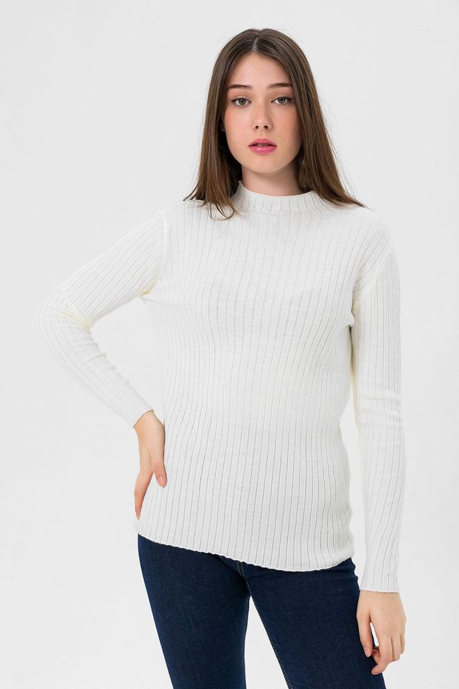 MISS POEM White Striped Slim Fit Sweater With High Neck Wholesale Clothing Modest