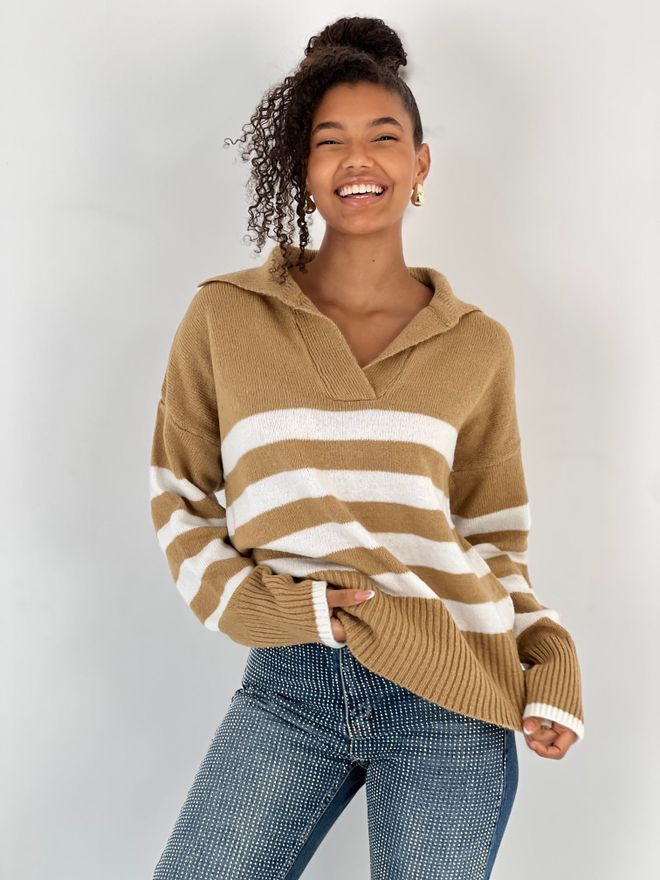 MISS POEM Beige Striped Oversized Sweater With Notched Neck Wholesale Clothing Casual