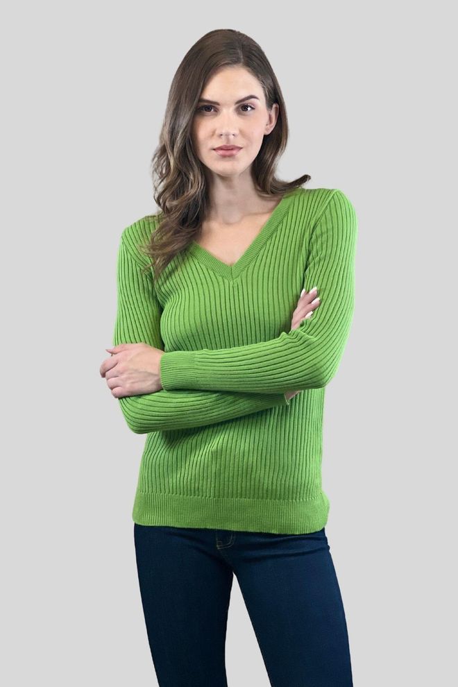 MISS POEM Green Slim Fit V Neck Casual Sweater Wholesale Clothing Casual
