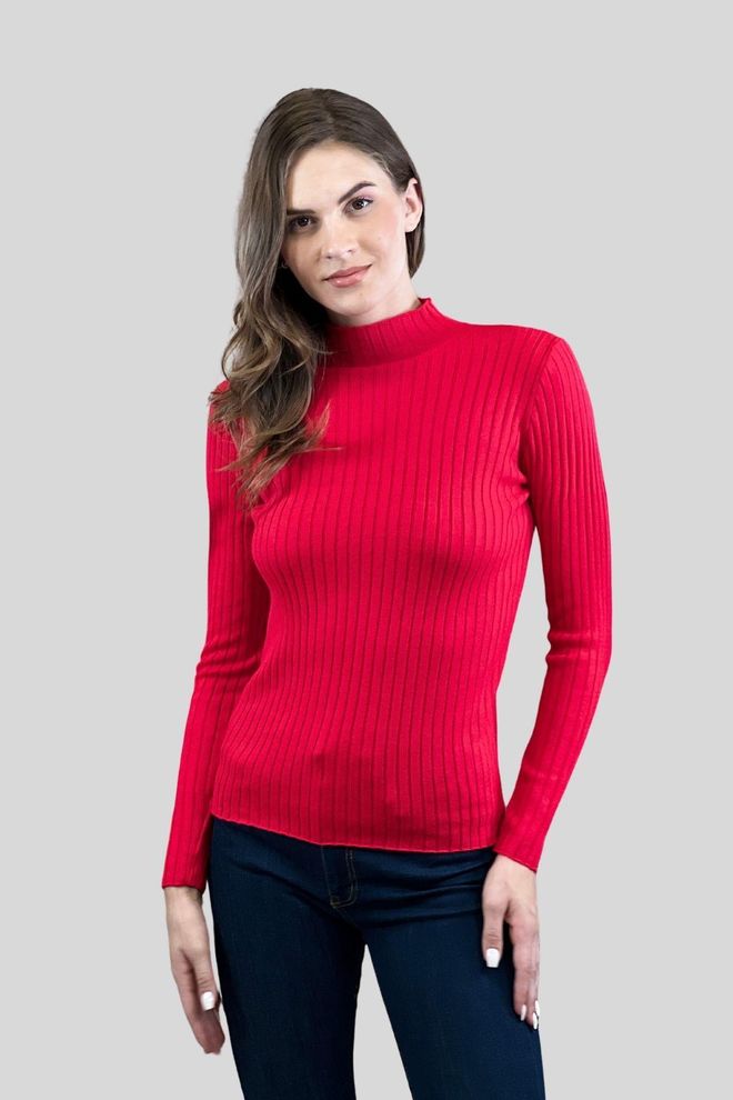 MISS POEM Red Slim Fit Striped Sweater With High Neck Wholesale Clothing Casual