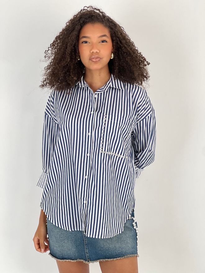 MISS POEM Camisa Azul A Rayas Oversize Con Cuello Polo Ropa al por mayor Casual
