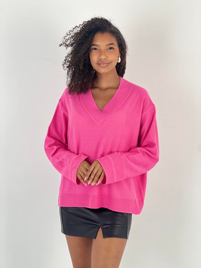 MISS POEM Fuchsia Oversized Fit V Neck Sweater Wholesale Clothing Casual