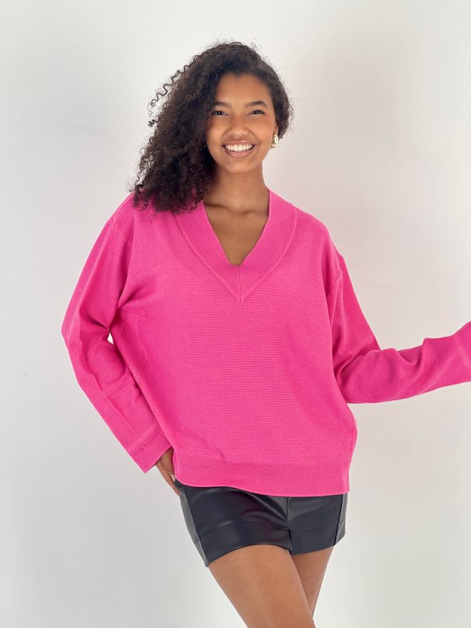 MISS POEM Fuchsia Oversized Fit V Neck Sweater Wholesale Clothing 1