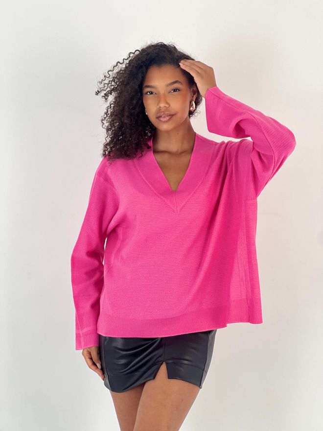 MISS POEM Fuchsia Oversized Fit V Neck Sweater Wholesale Clothing Sport