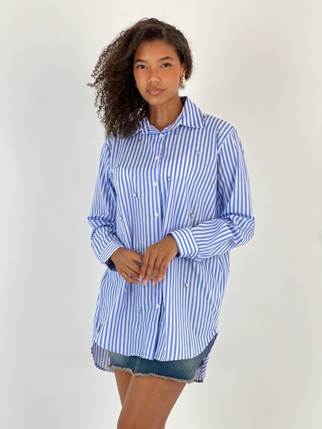 MISS POEM Camisa Azul Casual Formal Preppy Rayas Cuello Polo Ropa al por mayor Casual