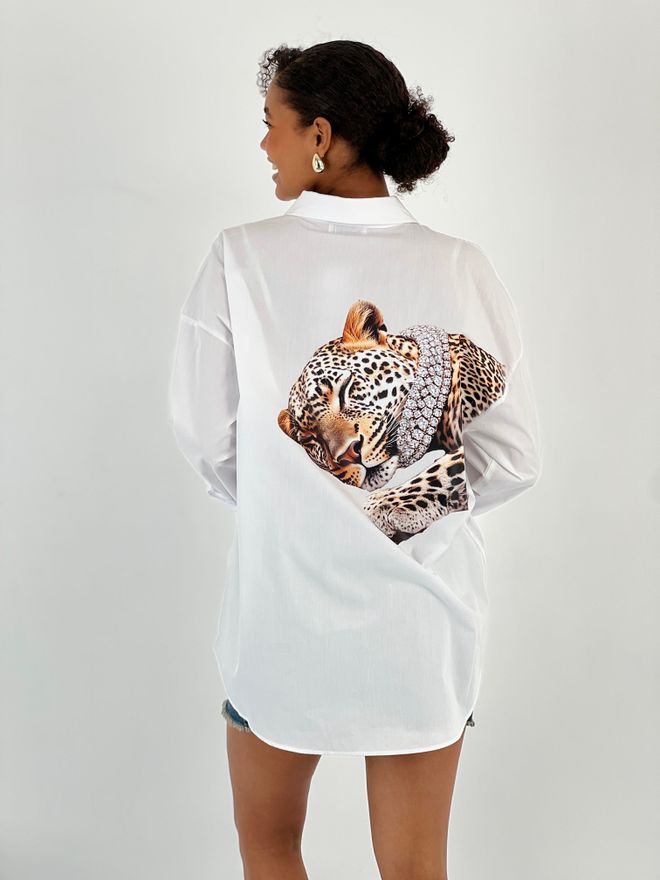 MISS POEM White Casual Oversized Shirt With Animal Print Wholesale Clothing Lounge