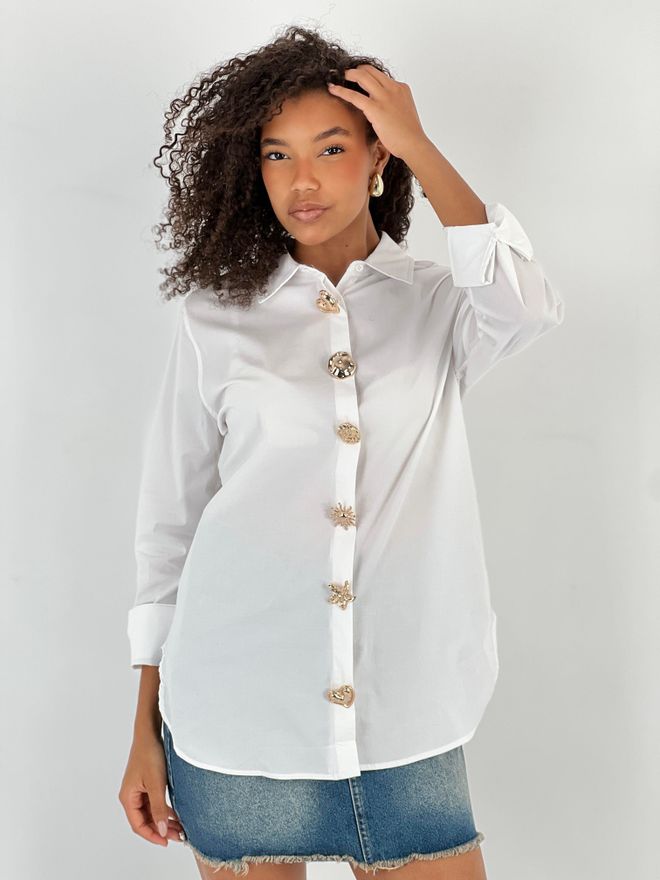 MISS POEM Chemise Blanche À Encolure Échancrée Et Boutonnée Vêtements en gros Décontracté
