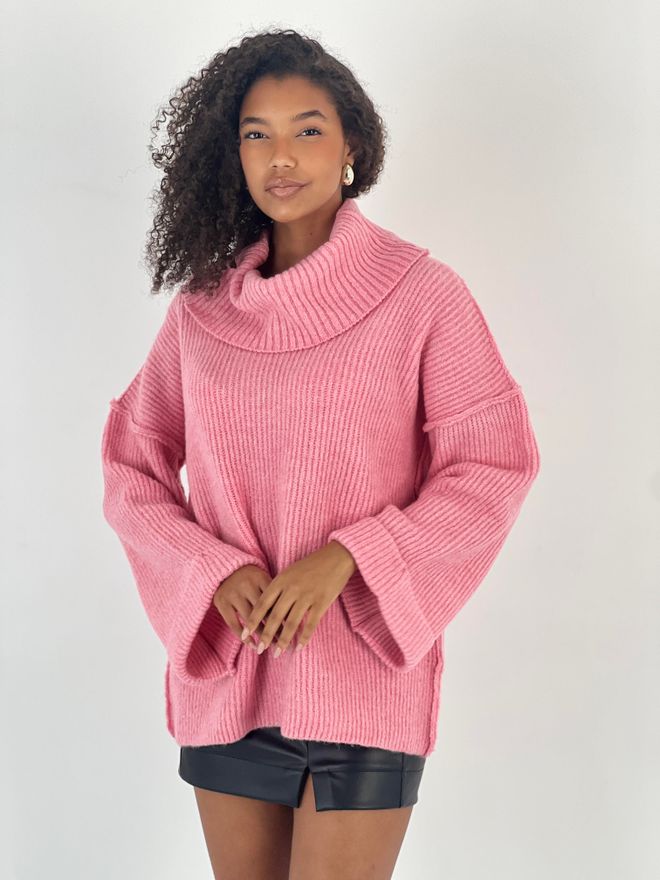 MISS POEM Pink Sweater Oversized Cowl Neck Long Sleeve Wholesale Clothing Casual