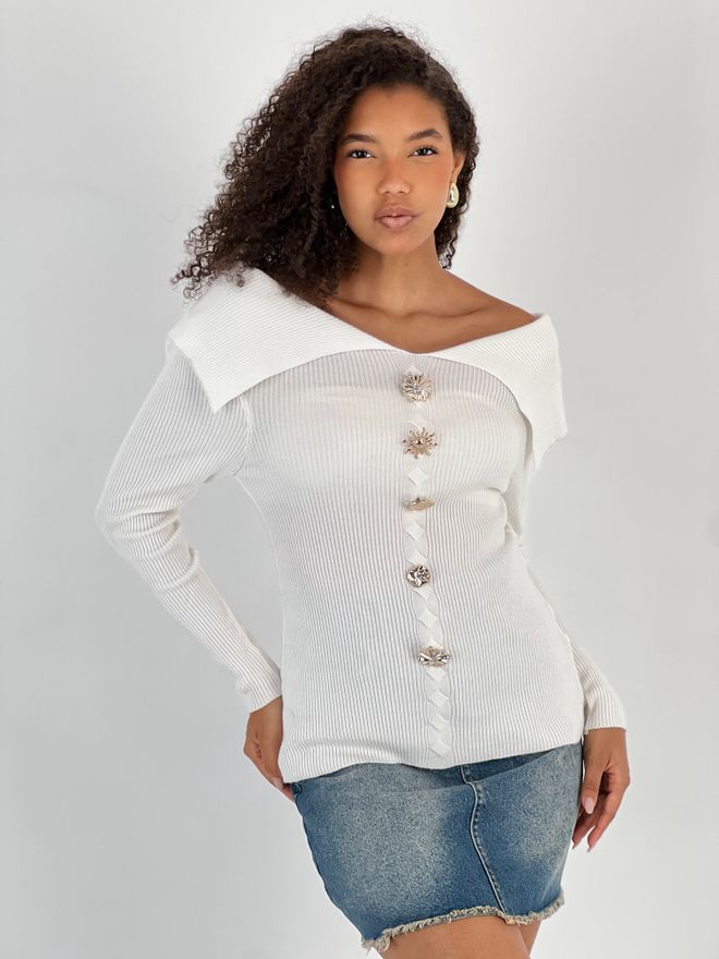 MISS POEM Chemisier Blanc Ajusté À Encolure Ras Du Cou Vêtements en gros Décontracté