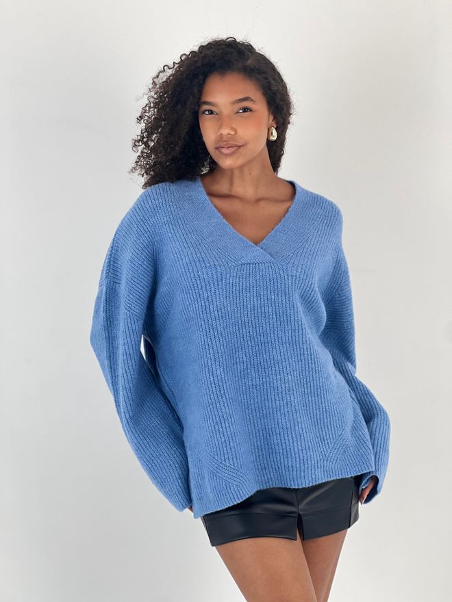 MISS POEM Blue Sweater Oversized V Neck For Casual Wear Wholesale Clothing Casual