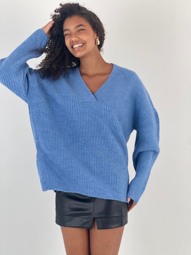 MISS POEM Blue Sweater Oversized V Neck For Casual Wear Wholesale Clothing 1