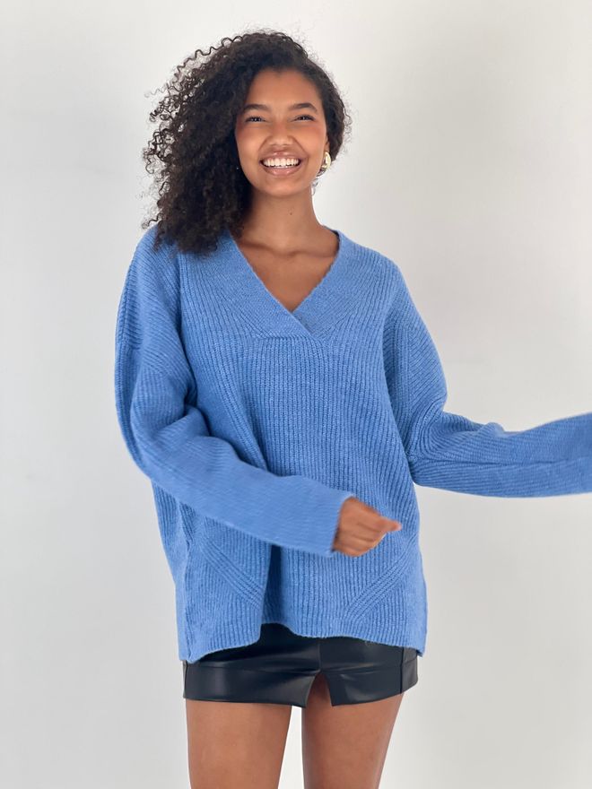 MISS POEM Blue Sweater Oversized V Neck For Casual Wear Wholesale Clothing Lounge