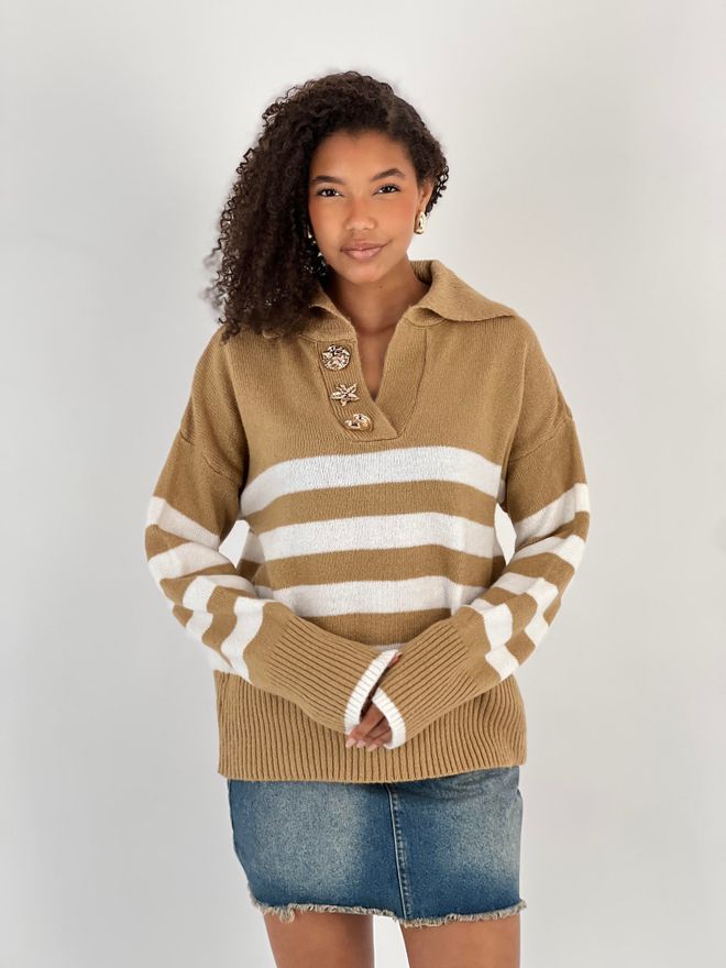 MISS POEM Beige Striped Sweater With Notched Neck Wholesale Clothing Casual