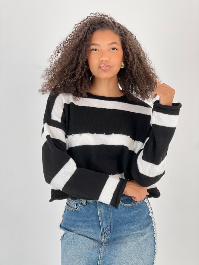 MISS POEM Μαύρο Πουλόβερ Με Ριγέ Μοτίβο Σε Oversized Casual Στυλ Χονδρικό εμπόριο ενδυμάτων Casual