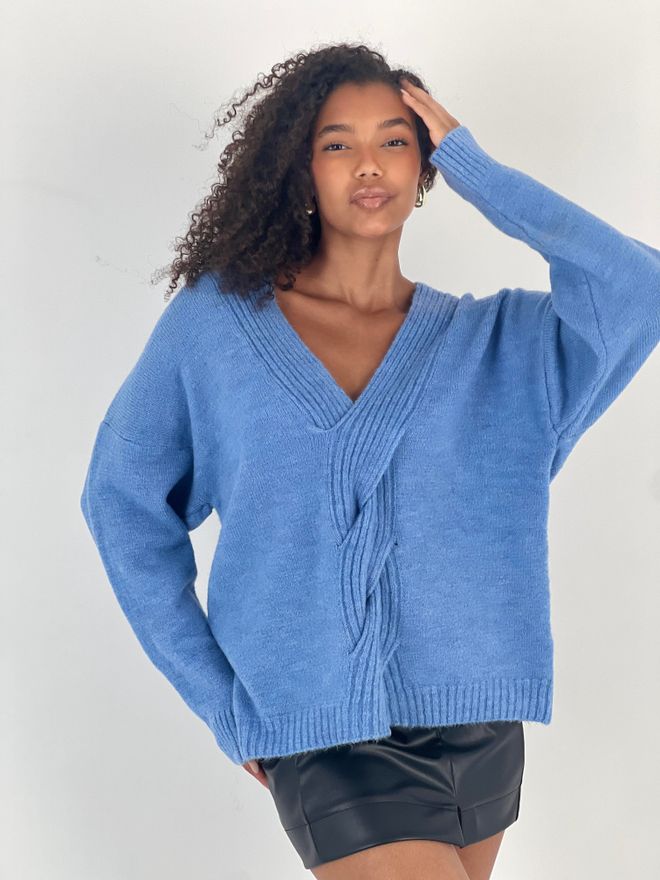 MISS POEM Blue Oversized V Neck Sweater With Long Sleeves Wholesale Clothing Casual