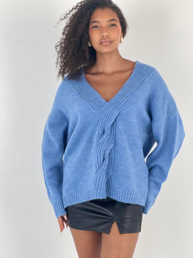 MISS POEM Blue Oversized V Neck Sweater With Long Sleeves Wholesale Clothing 1