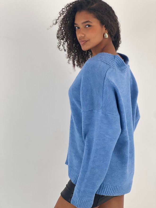 MISS POEM Blue Oversized V Neck Sweater With Long Sleeves Wholesale Clothing Lounge