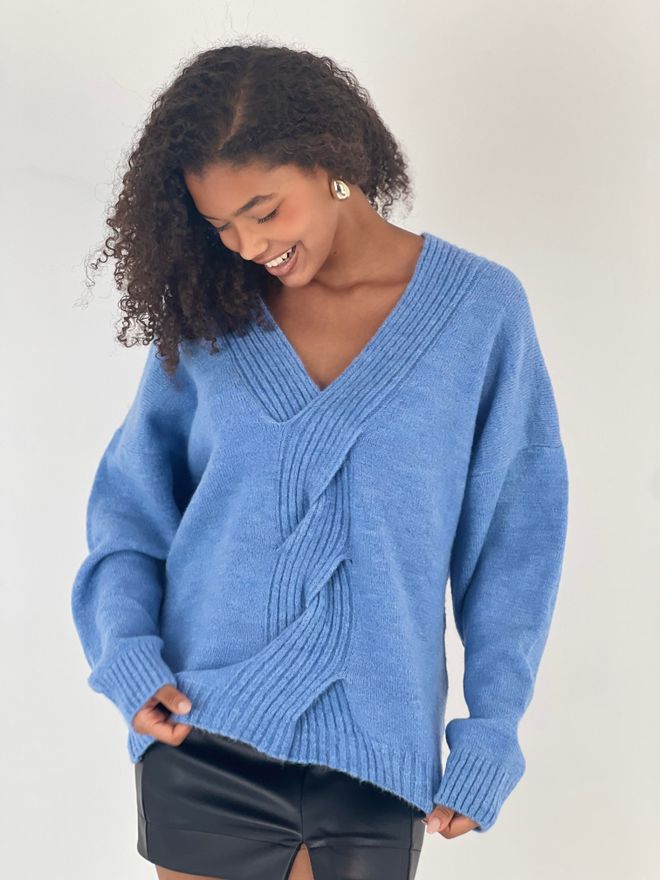 MISS POEM Blue Oversized V Neck Sweater With Long Sleeves Wholesale Clothing Vintage