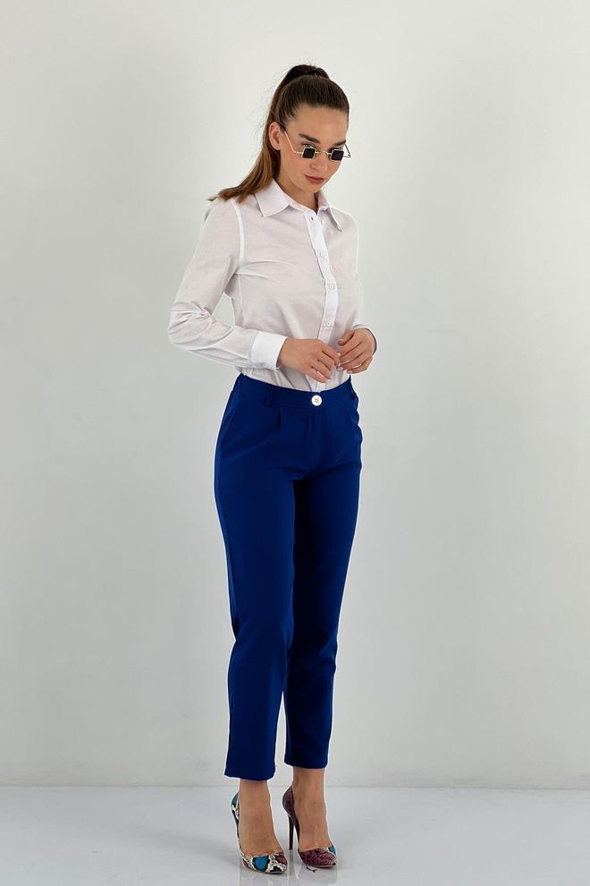 MISS POEM Navy Blue Tapered Cropped Pants With Button Closure Wholesale Clothing 1