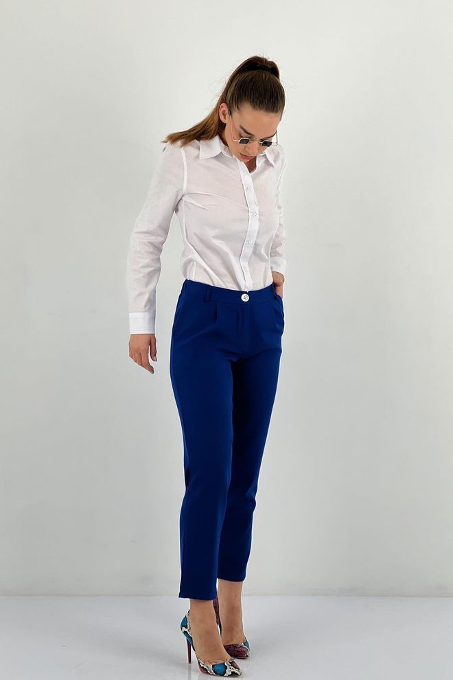MISS POEM Navy Blue Tapered Cropped Pants With Button Closure Wholesale Clothing Work
