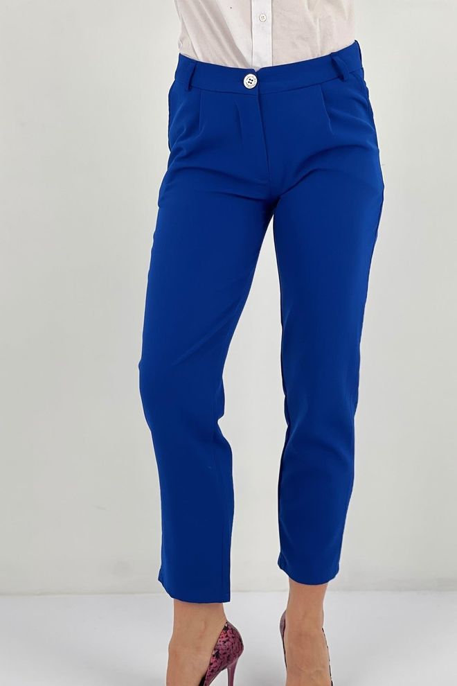 MISS POEM Navy Blue Tapered Cropped Pants With Button Closure Wholesale Clothing Formal